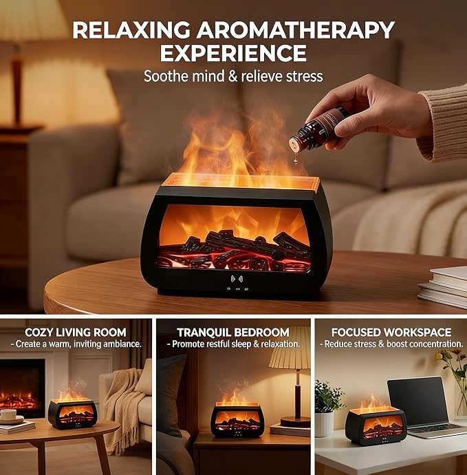 Essential Oil Diffuser with Fireplace Flame Lamp,Aromatherapy Aroma Humidifier, 7 Colors Noiseless Remote Control,Timer & Auto Shut-Off for Home Bedroom Office Spa Yoga