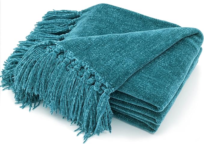RECYCO Chenille Throw Blanket for Couch, 50"x60", Teal | Super Soft Knit Throw Blanket with Fringe Tassels, Lightweight Knitted Throw, Cozy, Ideal for Sofa Chair Bed Living Room Gift