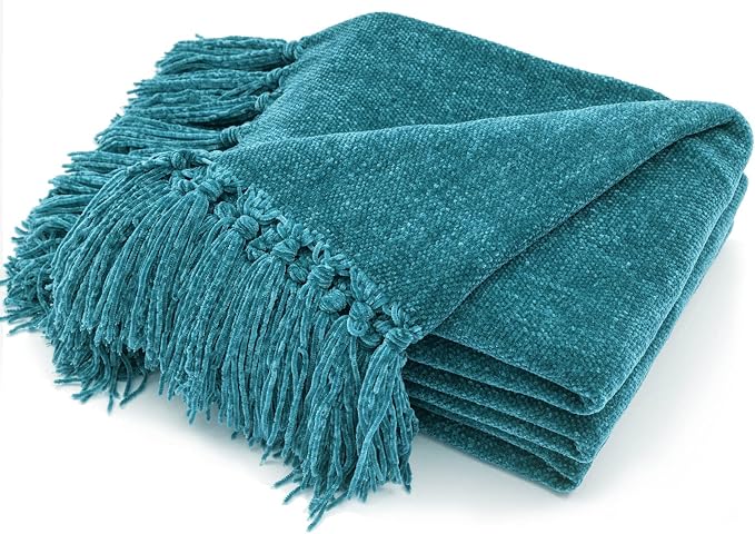 RECYCO Chenille Throw Blanket for Couch, 60"x80", Teal | Super Soft Knit Throw Blanket with Fringe Tassels, Lightweight Knitted Throw, Cozy, Ideal for Sofa Chair Bed Living Room Gift