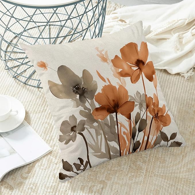 Floral Pillow Covers 18x18 Inches Set of 2 Brown Orange Floral Throw Pillow Covers Outdoor Rustic Orange Flower Decoration Pillowcase Farmhouse Decorative Linen Cushion Cover For Home Sofa Couch