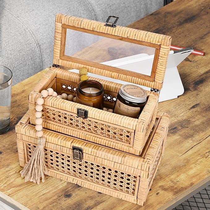 HUAXIN CRAFT H Rattan Decorative Box with Lid, Rectangular Woven with Glass for Display, Set of 2 Wicker for Decor