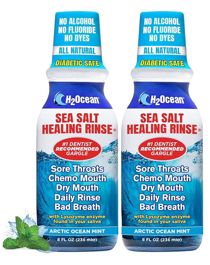 H2Ocean Healing Rinse Mouthwash - Great Tasting Sea Salt & Xylitol Mouth Wash for Fresh Breath & Dry Mouth & Tonsil Stones - Alcohol & Fluoride Free - Arctic Ocean Mint, 8oz (Pack of 2)