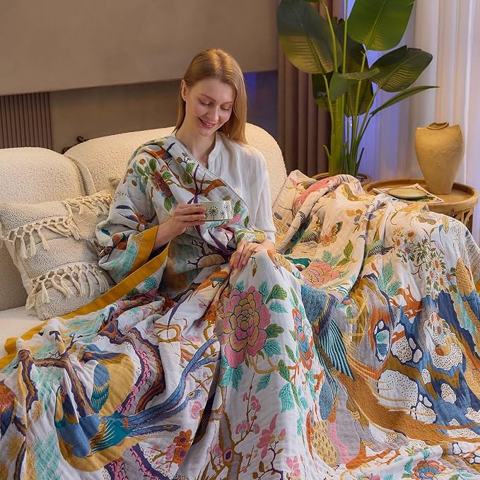 XIBLC Fall Throw Blanket for Couch, Yellow Boho Decorative Throw Blanket, 100% Cotton Muslin Breathable Woven Farmhouse Blankets Quilt, 90"x98" Reversible Lightweight Blankets Bohemian Throw Quilt