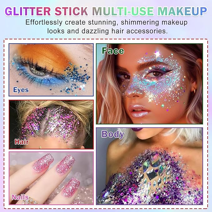 Pink Body Glitter Stick, Face Body Glitter Gel Holographic Hair Glitter Halloween Chunky Sequin Waterproof Face Paint Stick Glitter Makeup for Kids and Women
