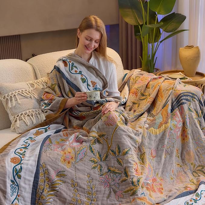 XIBLC Boho Blanket, 100% Cotton Farmhouse Decorative Throw Blanket, 80"x90" Reversible Bohemian Throw Blanket, Brown All Season Muslin Breathable Woven Blankets Quilt