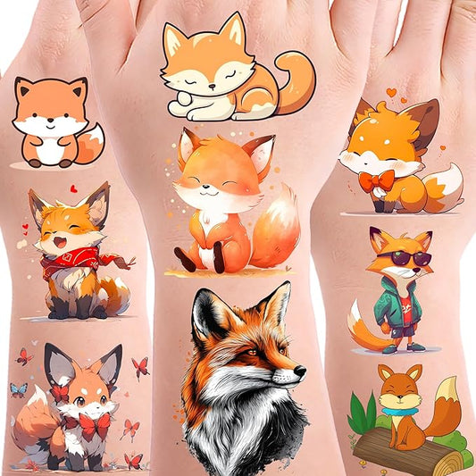 168PCS Fox Tattoos Temporary Stickers Cute Animal Halloween Safari Jungle Birthday Party Supplies Decoration Favors Goodie Bag Stuffers Tattoo
