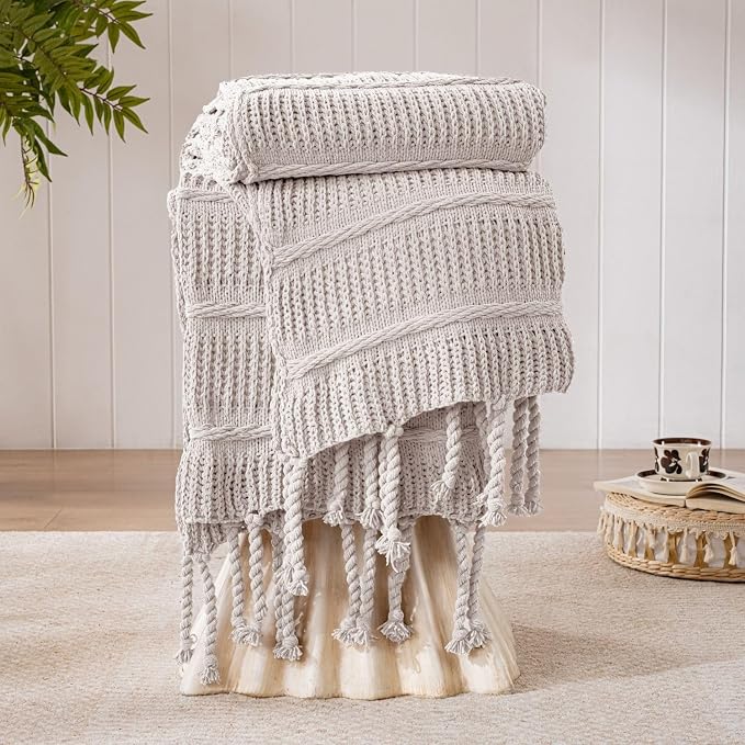 Boho Knitted Chenille Blanket with Tassels - Lightweight & Soft All-Season Throw - 3D Classic Pattern for Living Room Bedroom Couch, Ivory White, Throw 50"x60"