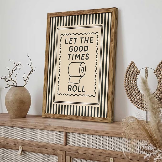 Framed Let The Good Times Roll Bathroom Print, Vintage Funny Toilet Quote Canvas Wall Art, Stripes Bathroom Picture Poster, Downstairs Toilet Painting Wall Decor 8x10 inch