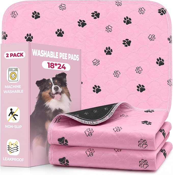 Fostanfly Reusable Puppy Pads, 2 Pack 18"x 24" Washable Dog Pee Pads, Pink | Reusable Potty Training Pads for Dogs, Waterproof, for Playpen, Crates & Furniture