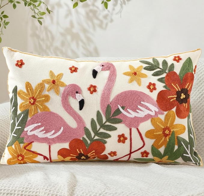 Animal Embroidered Lumbar Pillow Cover 20x12 Inch, Flamingos Floral | Decorative Throw Pillow Cover, Boho Floral Cushion Cases with Hidden Zipper, Cottagecore Decor for Couch, Sofa, Bed