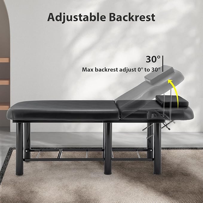 Professional Massage Table with Backrest, Faux Leather Stationary Physical Therapy Table, Metal Frame Barber Beauty Equipment, Removable Headrest Treatment Table Salon Spa Bed, Black