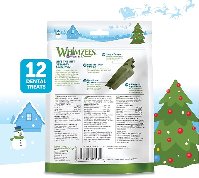 Wellness WHIMZEES Holiday Natural Dog Dental Treat, Christmas Winter Seasonal Gift, Chews, Freshens Breath, Small Size, 6.3 oz Bag, 12 Count