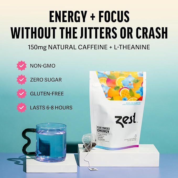 Zest Energy Tea Bags – Blue Lady Passion Fruit Black Tea – High Caffeine Tea for Morning Energy, Focus & Clarity – Natural Caffeinated Tea with 150mg Caffeine – 20Ct Pack – Non-GMO & Keto Friendly