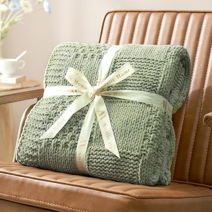 Knit Throw Blanket, Soft Chenille Cozy Breathable Checkered Chunky Decorative Blanket for Couch, Bed & Sofa, French-Inspired Lightweight Warm Gift for Women, Sage Green, 60"x80"