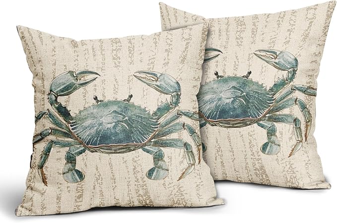 Summer Sea Crab Nautical Pillow Covers 16x16 Inch Set of 2 Coastal Ocean Coral Beach Blue Throw Pillow Cases Outdoor Linen Square Cushion Cover Farmhouse Decor for Bedroom Home Sofa Couch Bed