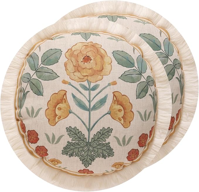 patdrea Vintage Linen Pillow Cover,Diameter 16",Set of 2-RosaSilvestre E | French Decorative Pillow Case,Yellow Floral Pattern,Cushion Coverfor Couch Living Room Bedroom,Fringe Trim