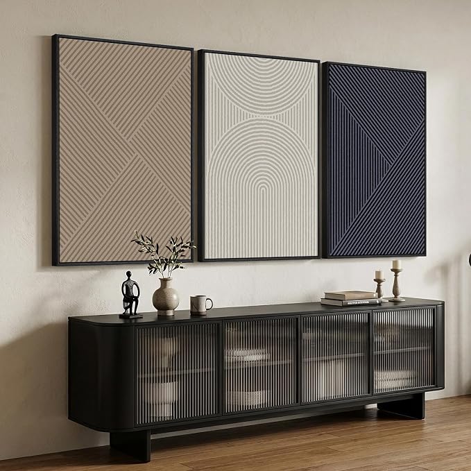 Large Framed Neutral Abstract Wall Art for Living Room, 3 Piece Modern Canvas Prints Paintings, Beige and Deep Blue Minimalist Geometric Pictures for Hallway Dining Bedroom Office Wall Decor 24x36 In