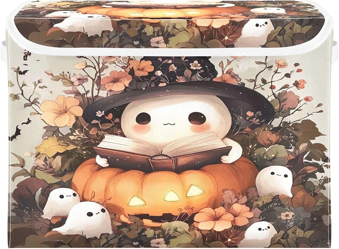 Ghost Wearing Witch Hat Storage Bins with Lids and Carrying Handle,Foldable Storage Boxes Organizer Containers Baskets Cube with Cover for Home Bedroom Closet Office