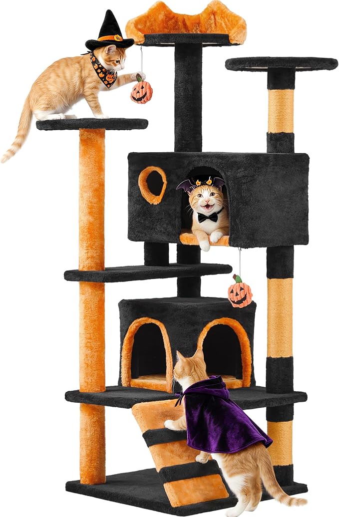 Yaheetech 54in Gothic Cat Tree, Multilevel Indoor Halloween Cat Tower | Activity center with cute kitten-ear perch, scratching posts, 2 kittens caves, black/pumpkin orange halloween decor