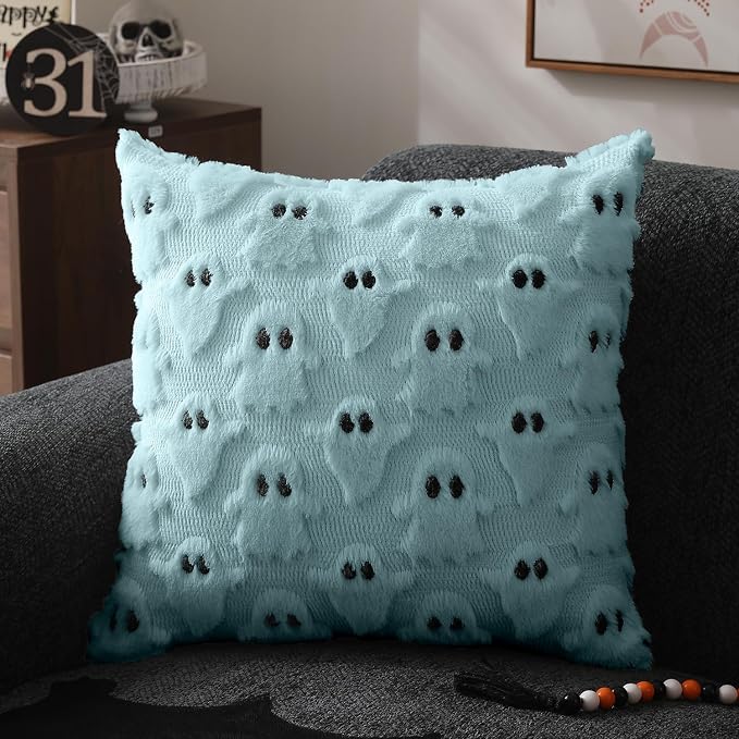 DFXSZ Halloween Pillow Covers 18x18 inch 2Pcs Blue Ghost Halloween Decor | Halloween Decorations Set of 2 Throw Pillow Cases Plush Faux Fur Wool Cushion for Chair Sofa Bedroom Living Room Home Decor