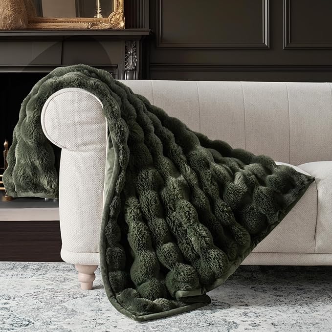 Faux Rabbit Fur Bubble Throw Blanket, 50"x60", Green | Ultra Soft, Luxury Faux Rabbit Fur Throw, Thick Warm Bubble Blanket, Cozy Fluffy Reversible, for Bed, Couch, Chair, Sofa