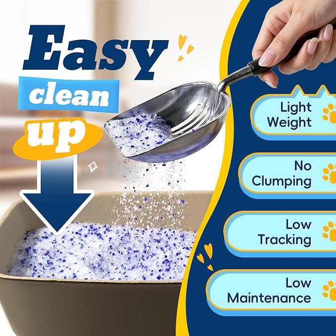 LMJP Crystal Cat Litter for Long-Lasting Odor Control, Non-Clumping, 24lb | 6 Months Supply, Unscented, Rapid Water Absorption, Low Tracking, Low Dust, Lightweight, Blue & White Silica, 3 Pack of 8lb