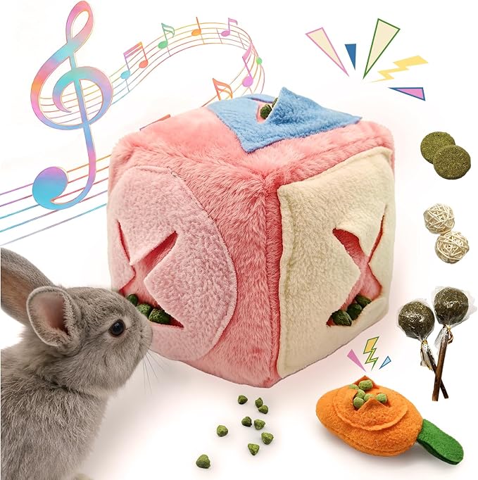 Rabbit Foraging Toy with Bell,Puzzle Feed Game Guinea Pig Fun Enrichment Toys Boredom Relief,Washable Snuffle Interactive Treat Ball Dispenser Exercise Bunny Toys for Indoor Bunnies(Pink)