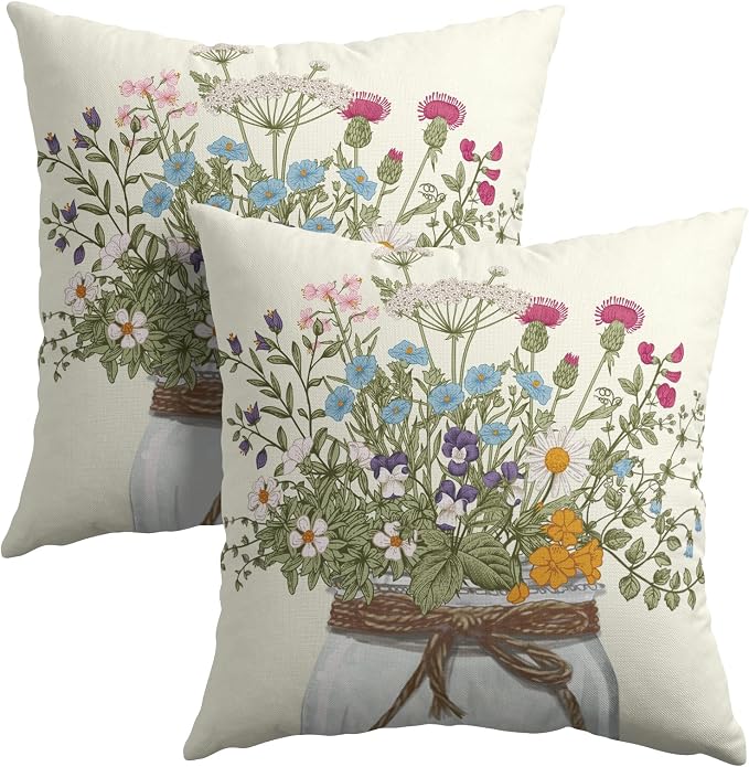 Kawani Herb Wildflowers Throw Pillow Covers 22x22 Inch Watercolor Floral Leaves Mason Jar Farmhouse Pillowcases Cotton Linen Cushion Cover for Couch Sofa Bed Seasonal Home Decor Set of 2