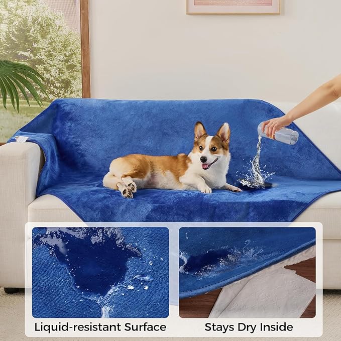 Sunheir Waterproof Blanket for Twin Size Bed - 80"x60" Soft Reversible Sherpa Fleece Flannel Dog Blankets for Large Dogs, Pet Blanket for Bed, Couch, Soft Plush Furniture Protector, Blue