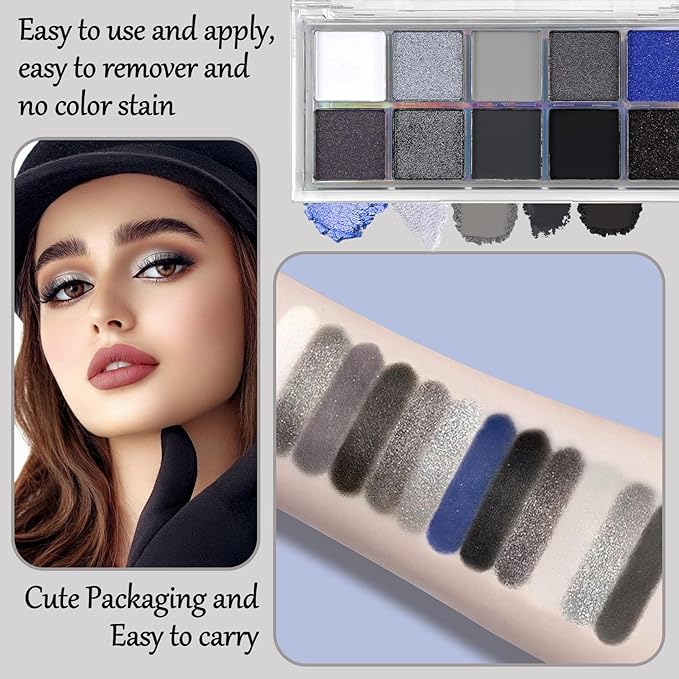 Black Grey Smoky Eyeshadow Palette,15 Colors Matte Shimmer Pigmented Eye Shadow Makeup Palette Set with 3 Eyeshadow Brushes,Glitter Eye Shadow Palette for Daily Halloween Goth Makeup(E)