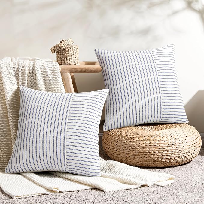 YCOLL Farmhouse Euro Sham Pillow Covers 24x24, Modern Throw Pillow Covers Set of 2, Blue and Beige Striped Patchwork Linen Decorative Pillows Cushion Covers for Bed Sofa Couch Living Room Home Decor