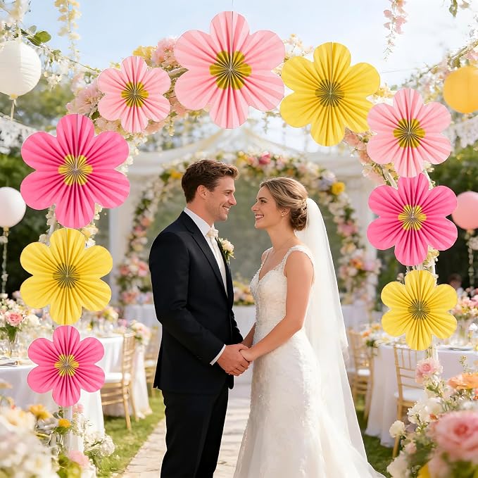 SUNBEAUTY Paper Flowers Decorations for Wall Gold Flower Party Decorations Hanging Fans Floral Backdrop Decor Mothers Day Birthday Wedding Baby Shower Decoration Wall Set of 9