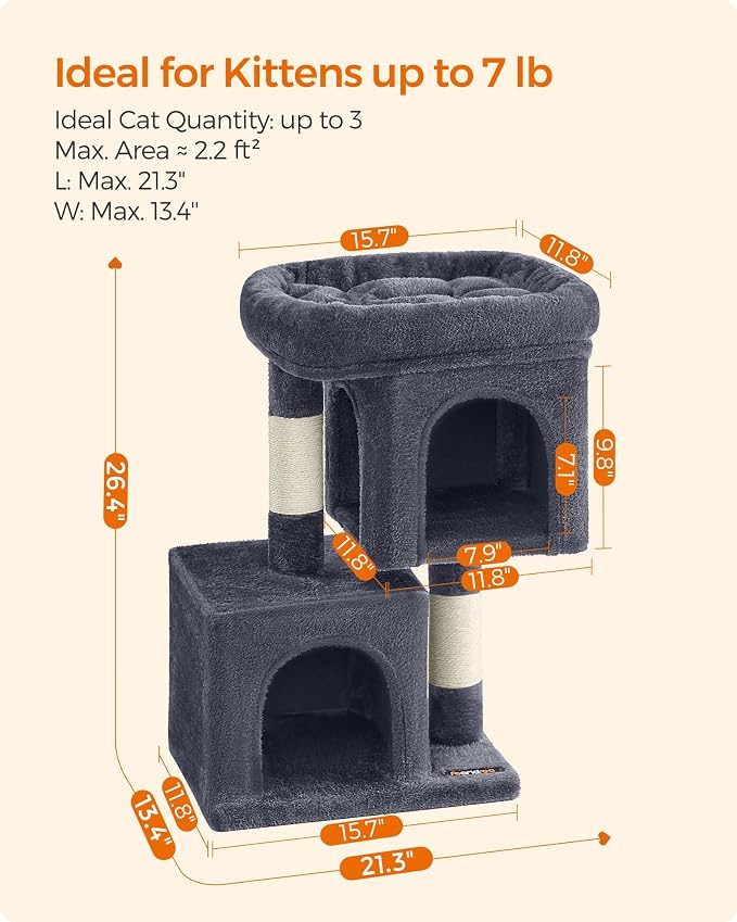 Feandrea Cat Tree, 26.4-Inch Cat Tower, Plush Condo for Kittens up to 7 lb, Large Perch, 2 Caves, Scratching Post, Smoky Gray UPCT611G01