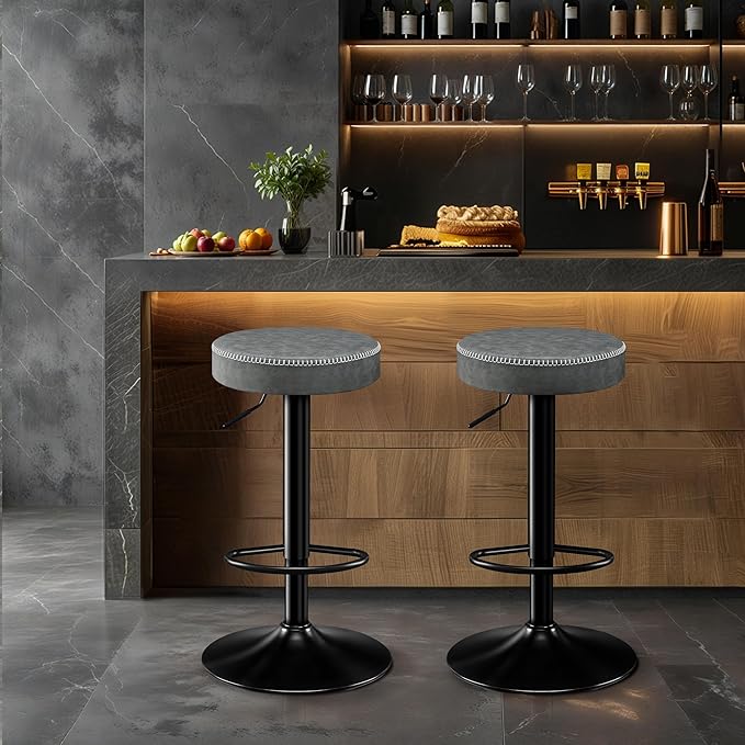 Adjustable Bar Stools Set of 2 Backless Kitchen Barstools with Round Seat 360° Swivel Counter Height Bar Stools Modern Microfiber Leather Bar Chairs for Dining Room Grey (24-33 Inch,330lbs)