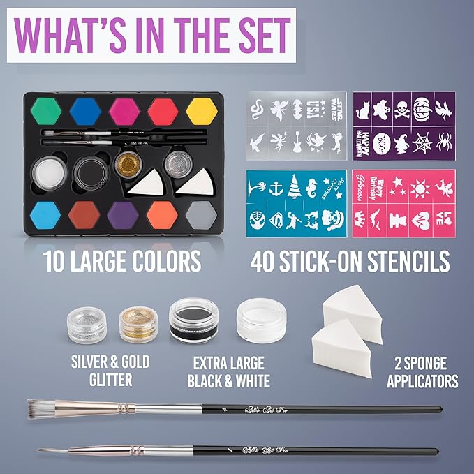 Face Paint Kit for Kids – 58 Washable Pieces, 20 Vibrant Non-Toxic Colors, Includes Brushes, Sponges, Glitter & Stencils – Safe, Hypoallergenic, Perfect for Birthdays, Halloween & Parties
