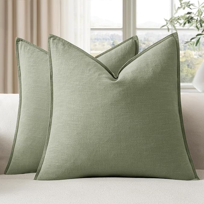 EMEMA Euro Sham Decorative Linen Throw Pillow Covers 24x24 Inch Grass Green | Boho Farmhouse Neutral Couch Throw Pillows for Bed Pack of 2 Accent Pillowcase Modern Sofa Cushion Livingroom Home Decor