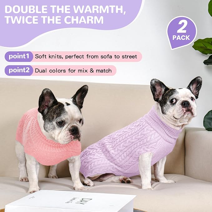 Dog Sweater 2 Pack for Medium Dogs, Size M, Pink & Purple | Stretchy cable knit turtleneck, machine washable, high belly cut, comfy winter fit for French Bulldog, Pug