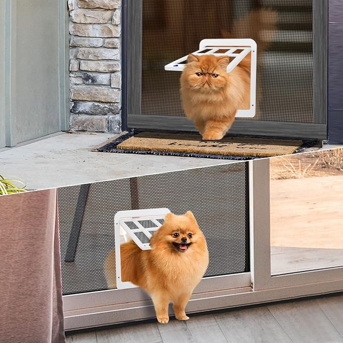 LESYPET Cat Screen Door, Inside Flap 10.3 x 8.3 Inches, Magnetic Self Closing, Cat Door for Screen Doors Sliding Doors, Flap Lockable, White