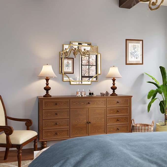 Kelly Miller 26"x26" Gold Foil Scalloped Edge Decorative Vanity Wall Mirror | Hand-Applied Gold Foil Finish. HD Mirror With French Cleat. Elegant Beveled Wall Mirror Decor For Bathroom Bedroom Entryway.
