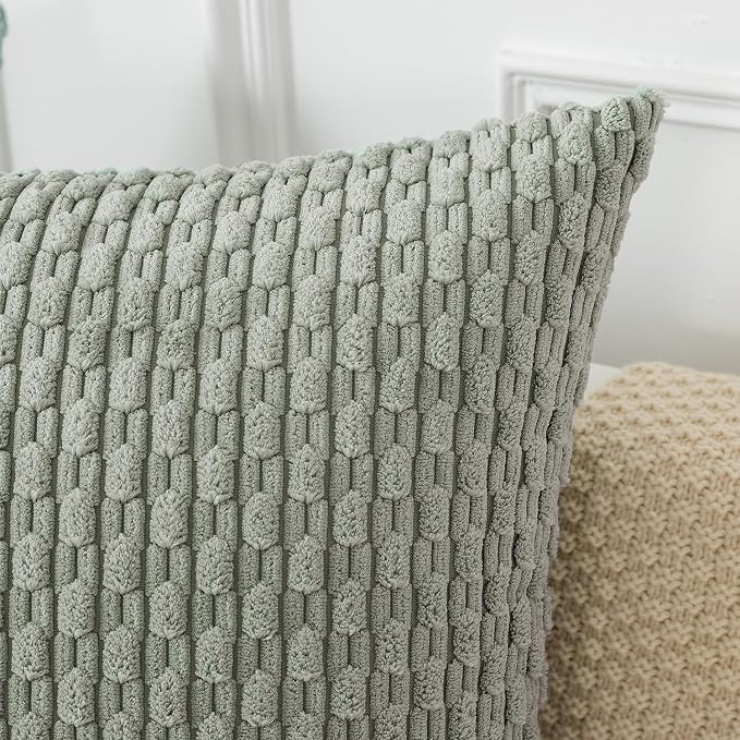 Kevin Textile Soft Corduroy 14"x22" Lumbar Pillow Cover 1 Pack, Grey Green | Boho Stripe Plush Corduroy Decorative Oblong Cushion Cover Modern Farmhouse Home Decor for Sofa Couch Bed Chair