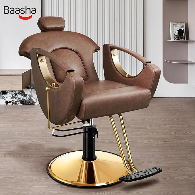 Baasha Gold Styling Reclining Hair Salon Chair, Ergonomic Design with Removable Headrest, 360 Swivel, Heavy Duty, Brown