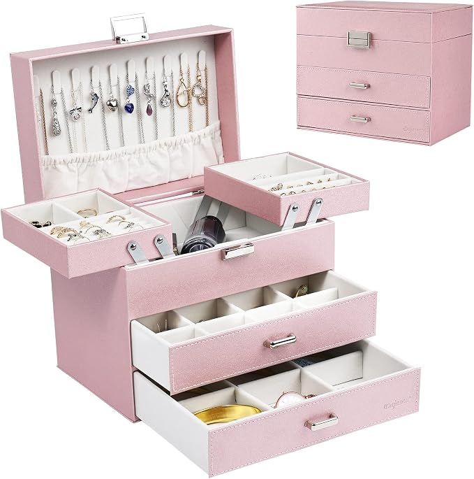 Jewelry Boxes for Women Girls, Jewelry Storage Organizer, 4 Layers Large Jewelry Organizer Box with 2 Drawers for Friends, Wife or Mother Gift (Pink)