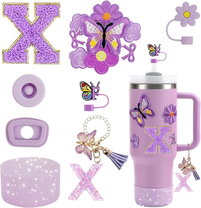 15PCS Cup Accessories Set for Stanley Cup 30oz 40oz Tumbler with Handle, Including Silicone Straw Cover and Boot, Spill Proof Stopper, Stanley Charms, Handle Charm, Initials Sticker
