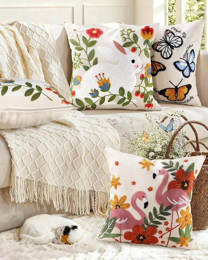 Animal Embroidered Throw Pillow Cover 18x18 Inch, Rabbit Floral | Decorative Pillow Cover, Cottagecore Cushion Cases with Hidden Zipper, Farmhouse Decor for Couch, Sofa, Living Room