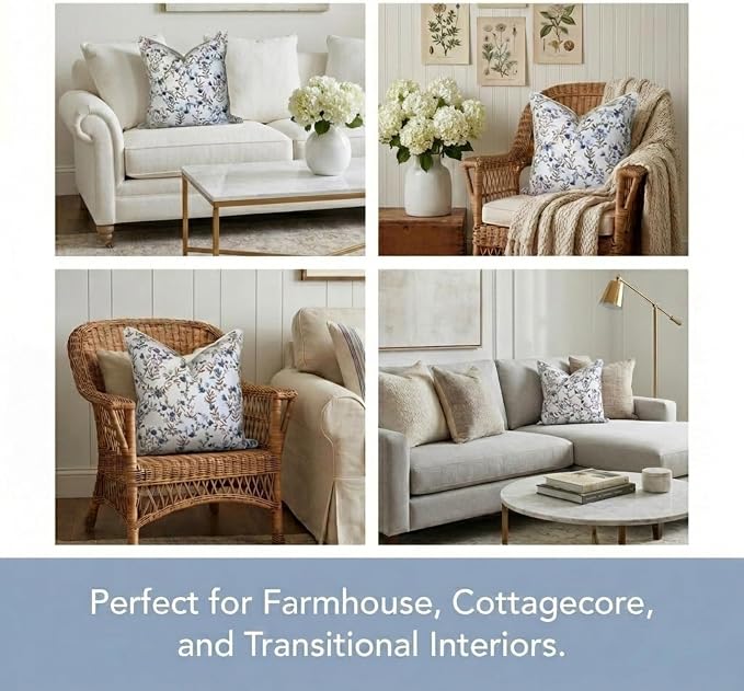 “The Lily” Floral Block Print Pillow Cover – Soft Blue and White Decorative Throw Pillow Cover – Grandmillennial Home Decor, 20" x 20"