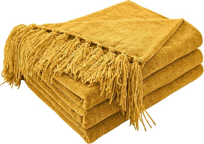 CozeCube Chenille Throw Blanket, Harvest Gold Fringe Blanket, 50"X60" | For Couch, Cozy Plush Fuzzy Decorative Blanket with Fringe Tassels, Lightweight Throws for Bed Sofa Gift Home Decor