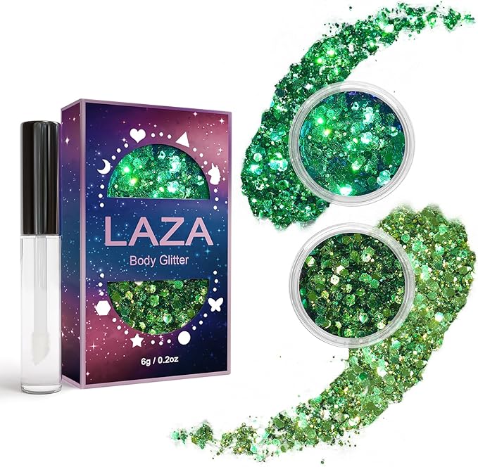Laza 2 Jars St. Patrick’s Day Body Glitter Iridescent Chunky Sequins with Glitter Glue Women Eyeshadow Makeup Face Paint Festival Rave Outfits Hair Accessories Carnival Party Costumes- Gold Blue Green