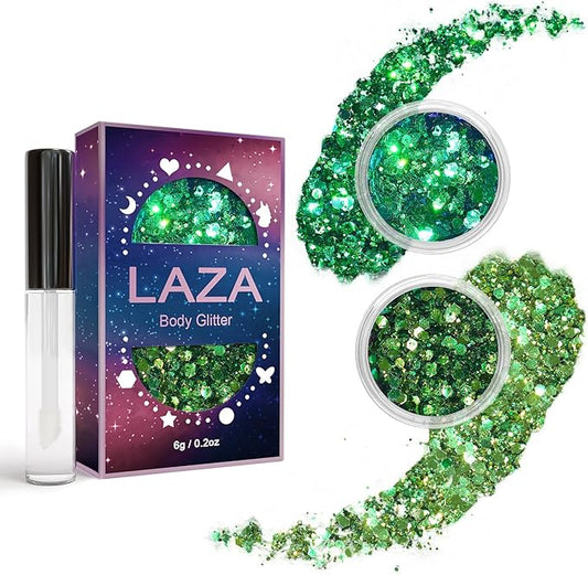 Laza 2 Jars St. Patrick’s Day Body Glitter Iridescent Chunky Sequins with Glitter Glue Women Eyeshadow Makeup Face Paint Festival Rave Outfits Hair Accessories Carnival Party Costumes- Gold Blue Green