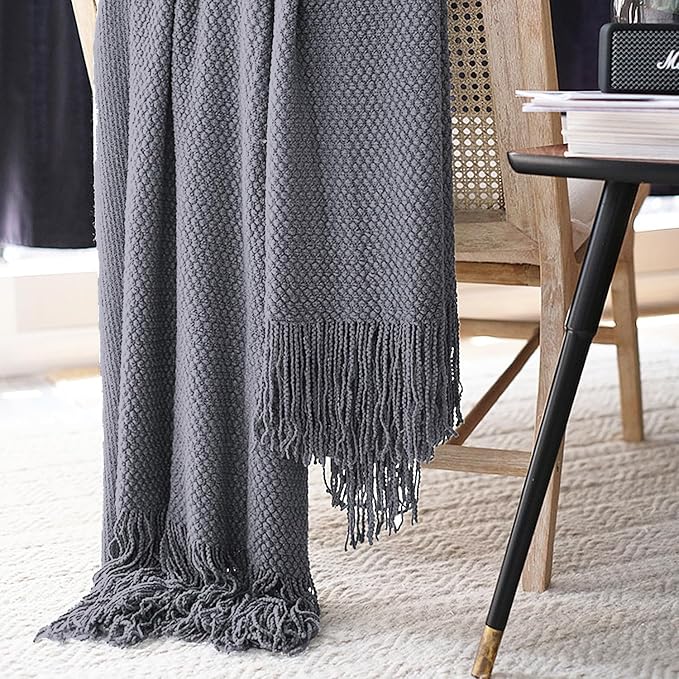 LOMAO Knitted Throw Blanket with Tassels Bubble Textured Soft Lightweight Throws for Couch Cover Home Decor (Dark Grey, 50x60)