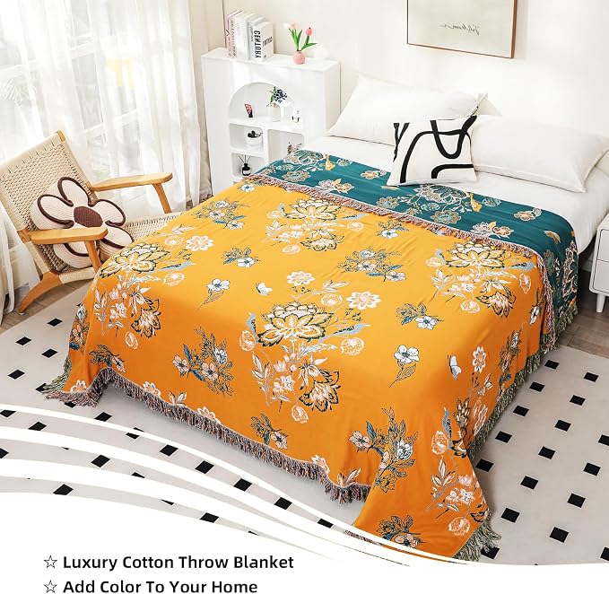 VANJOROY Boho Large Throw Blanket, 100% Organic Cotton Breathable Soft Bed Throw - Floral Bird Farmhouse Decor Blanket for Sofa Couch Chair Quilt and Gift. (Flower-Art, 60" x 80")